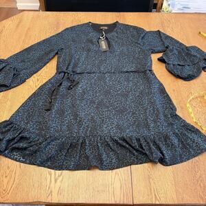 Shyanne Dress Animal Print Dark Green Ruffle Bell Sleeve Tie Short L Women